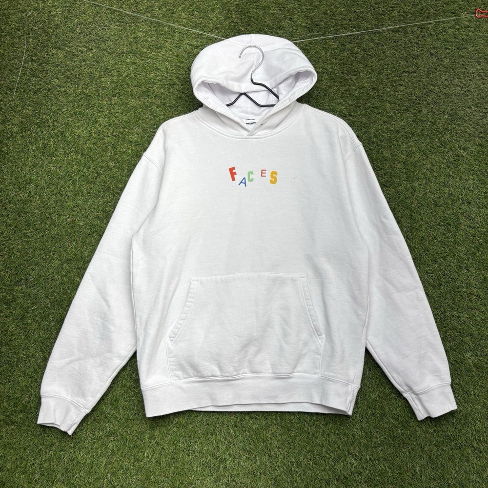 MAC MILLER Faces Hoodie Mens Medium Graphic Fleece White Sweatshirt y2k